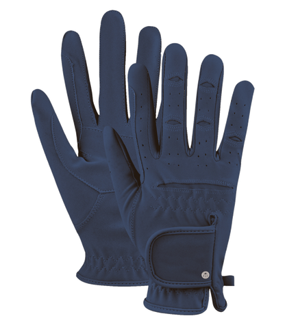 A pair of blue riding gloves with a suede finish, featuring a back of hand strap with touch tape fastener.