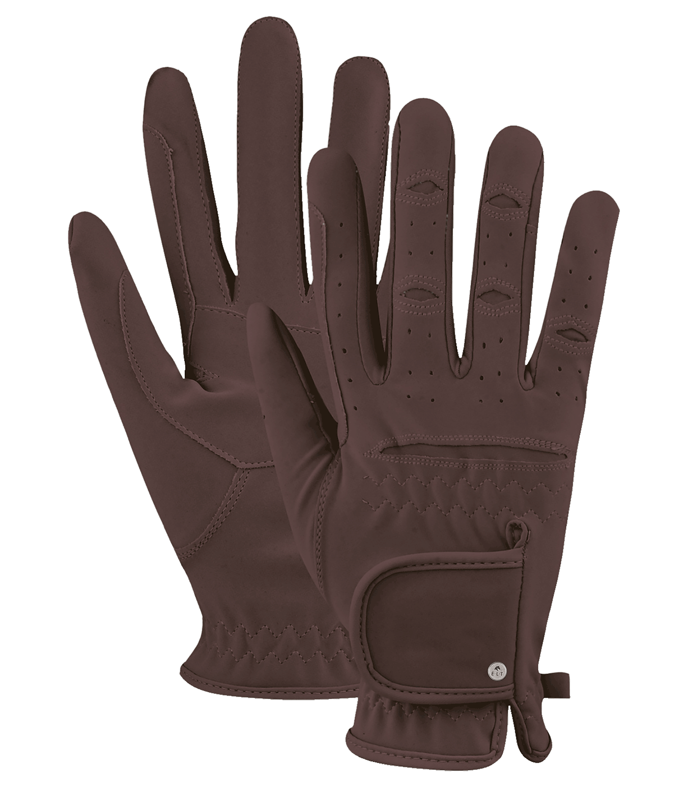 A pair of brown riding gloves with a suede finish, featuring a back of hand strap with touch tape fastener.