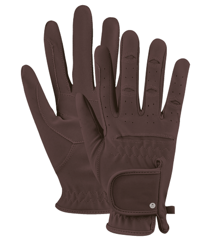 A pair of brown riding gloves with a suede finish, featuring a back of hand strap with touch tape fastener.