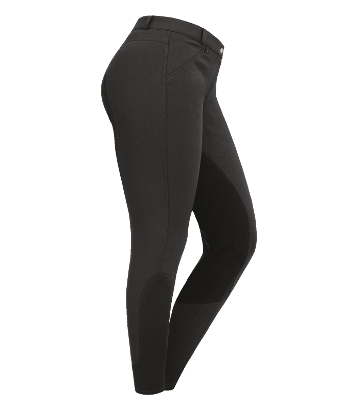 A pair of women's riding breeches with elastic leg cuff and synthetic leather full seat, featuring two front zip pockets and belt loops.