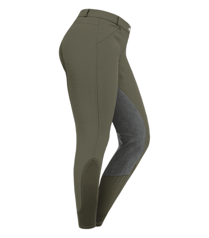 A pair of women's riding breeches with elastic leg cuff and synthetic leather full seat, featuring two front zip pockets and belt loops.