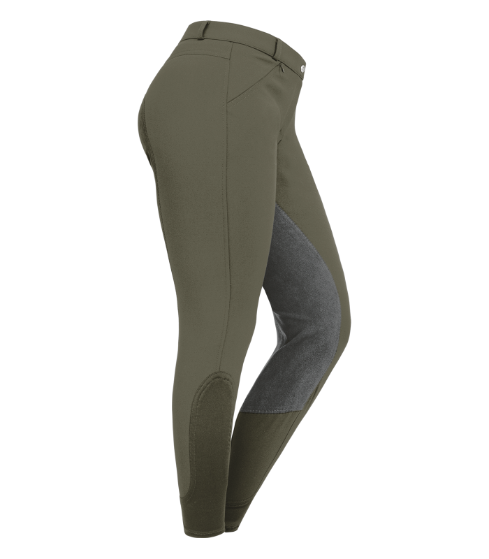 A pair of women's riding breeches with elastic leg cuff and synthetic leather full seat, featuring two front zip pockets and belt loops.