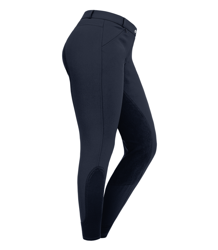 A pair of women's riding breeches with elastic leg cuff and synthetic leather full seat, featuring two front zip pockets and belt loops.