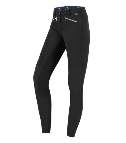 A pair of ladies equestrian riding pants with a full seat and elastic flared bottoms. Waldhausen German