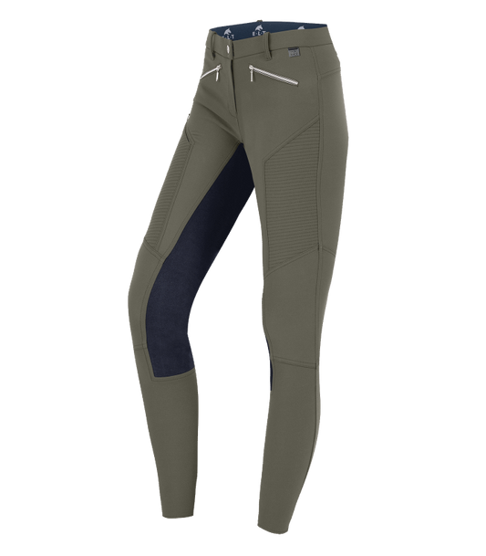 A pair of ladies equestrian riding pants with a full seat and elastic flared bottoms. Waldhausen German