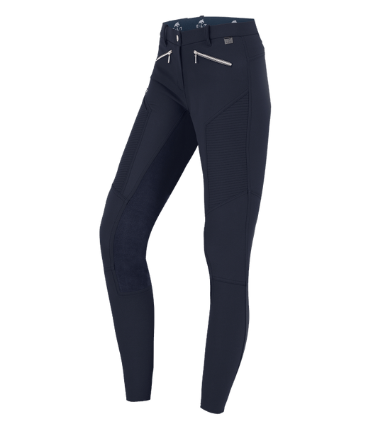 A pair of navy-blue ladies equestrian riding pants with a full seat and elastic flared bottoms. Waldhausen Germany.