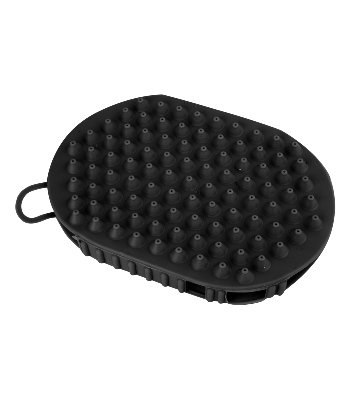 A black grooming glove with rubber nobs on one side and massage balls on the other, designed for horse care.