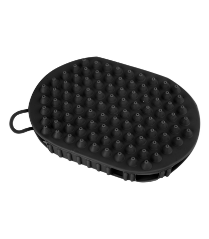 A black grooming glove with rubber nobs on one side and massage balls on the other, designed for horse care.