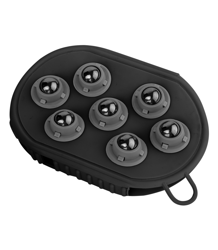 A black grooming glove with rubber nobs on one side and massage balls on the other, designed for horse care.