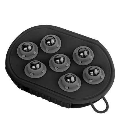 A black grooming glove with rubber nobs on one side and massage balls on the other, designed for horse care.