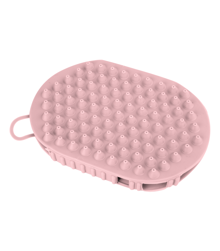 A pink grooming glove with rubber nobs on one side and massage balls on the other, designed for horse care.