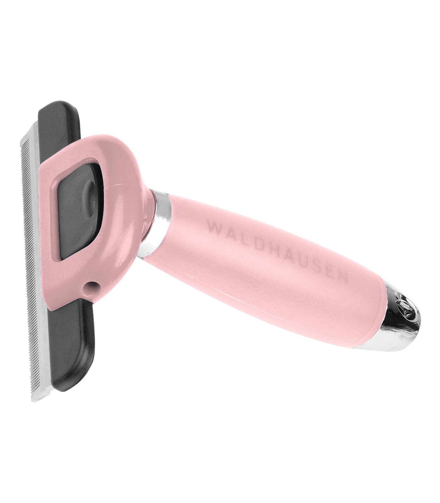 A pink horse grooming comb with a gel handle and the brand name Waldhausen visible on the side.