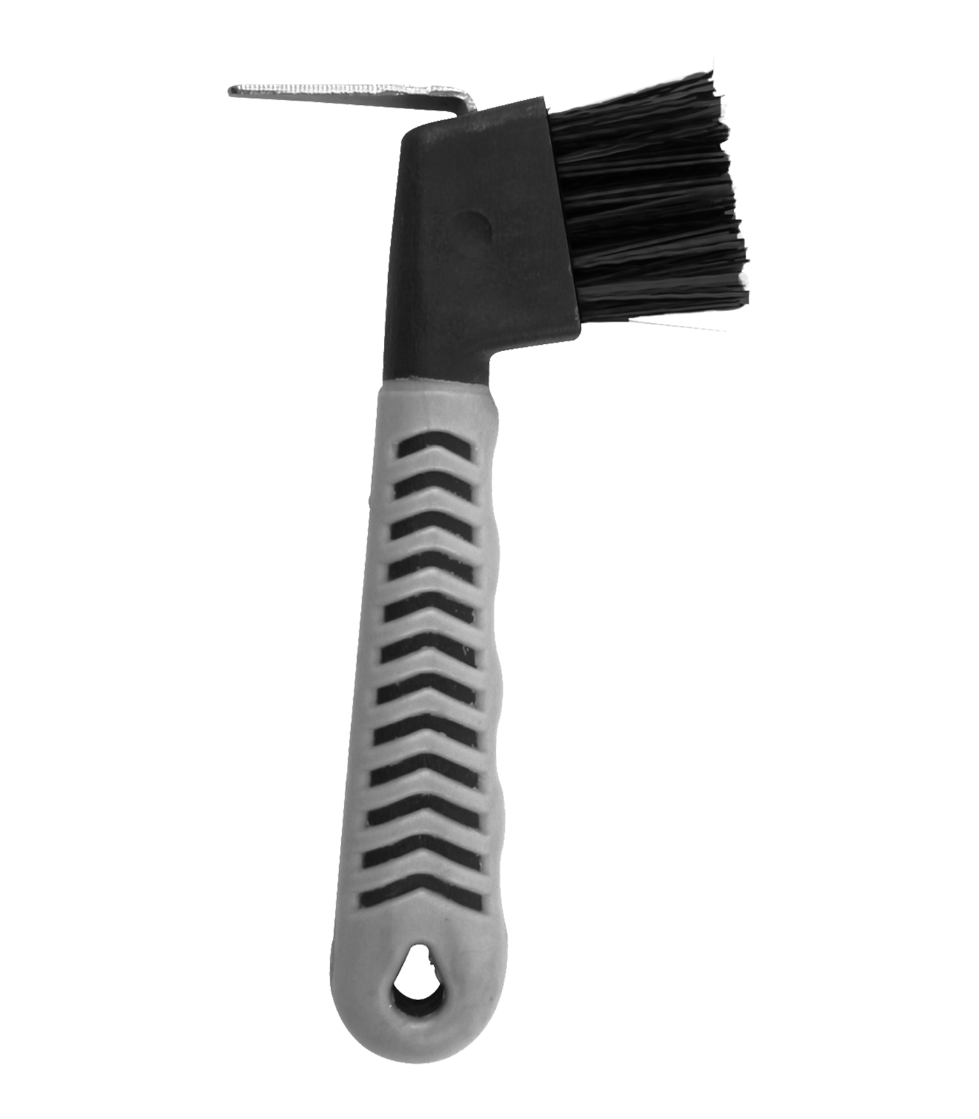 A Waldhausen Hoof Pick With brush with inflexible bristles and a textured handle.