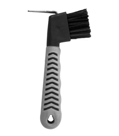 A black and white hoof pick brush with inflexible bristles and a textured handle.