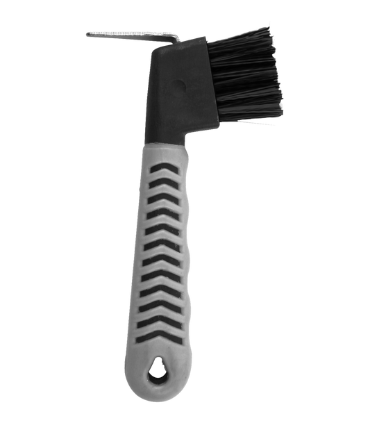 A black and white hoof pick brush with inflexible bristles and a textured handle.