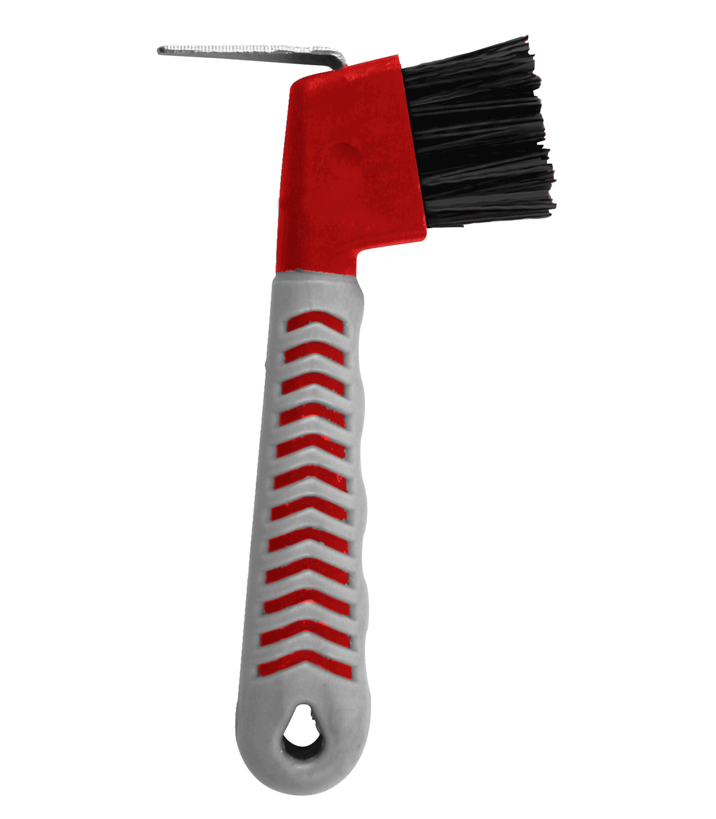 A Waldhausen Hoof Pick With brush with inflexible bristles and a textured handle.
