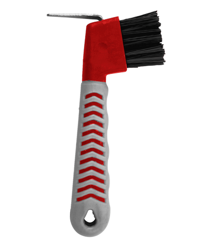 A Waldhausen Hoof Pick With brush with inflexible bristles and a textured handle.