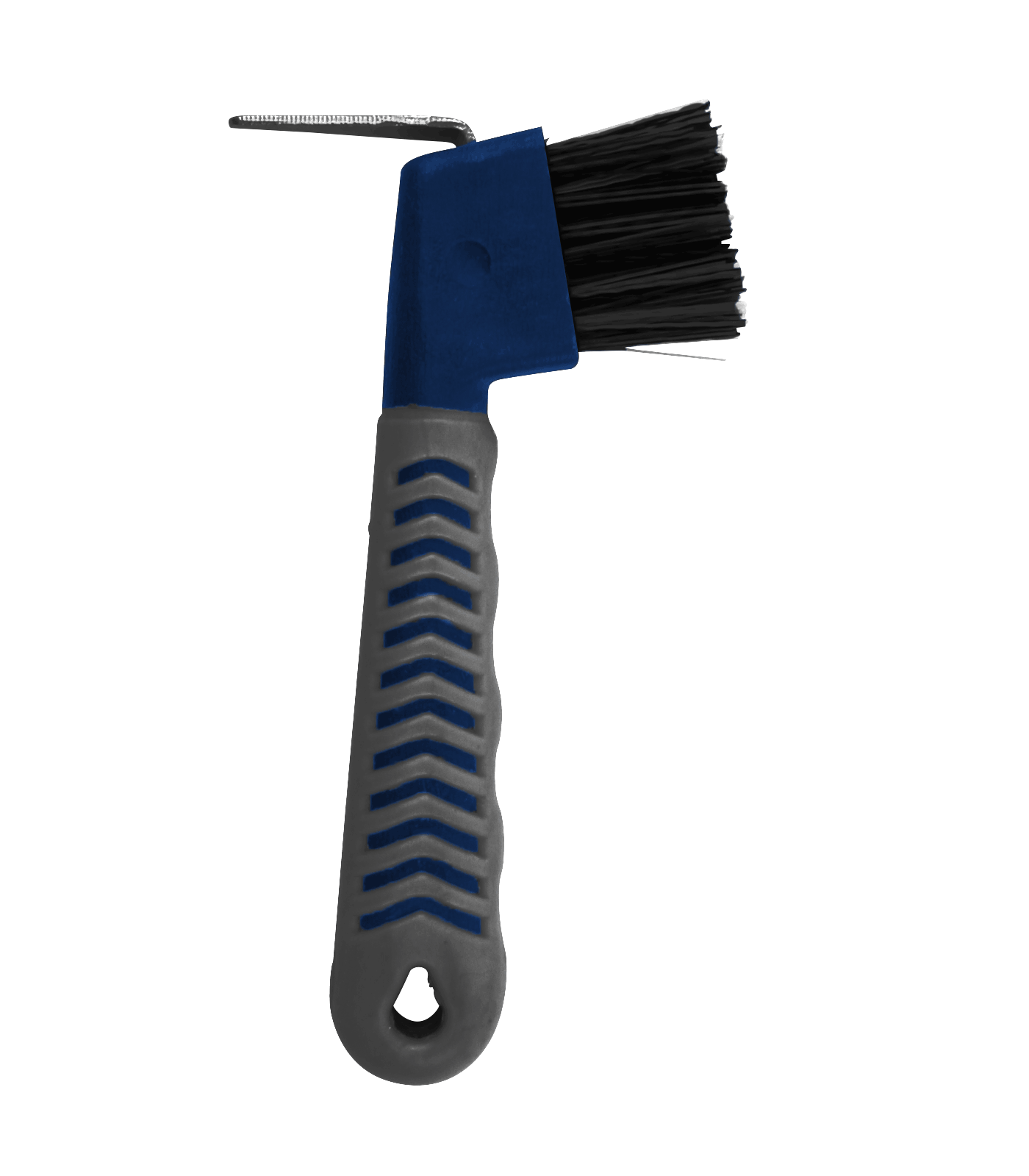 A Waldhausen Hoof Pick With brush with inflexible bristles and a textured handle.