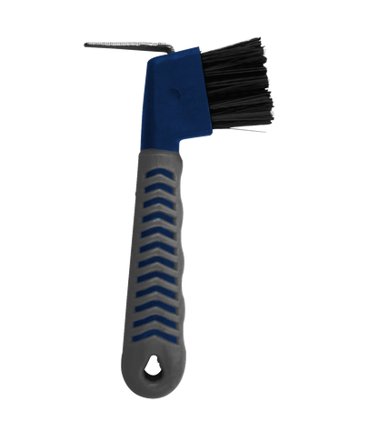 A Waldhausen Hoof Pick With brush with inflexible bristles and a textured handle.
