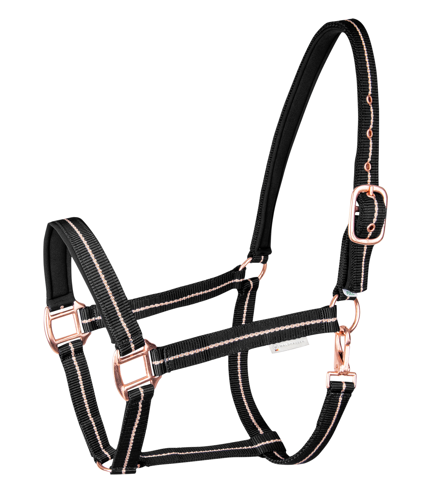 A black equestrian halter with rose gold fittings and decorative striking yarn.