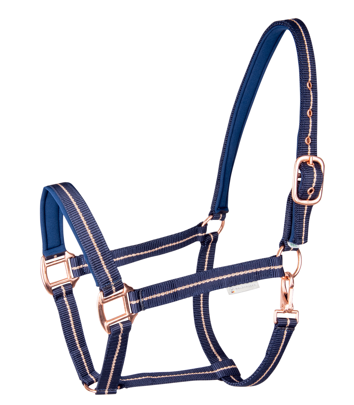 A blue equestrian halter with rose gold fittings and decorative striking yarn.