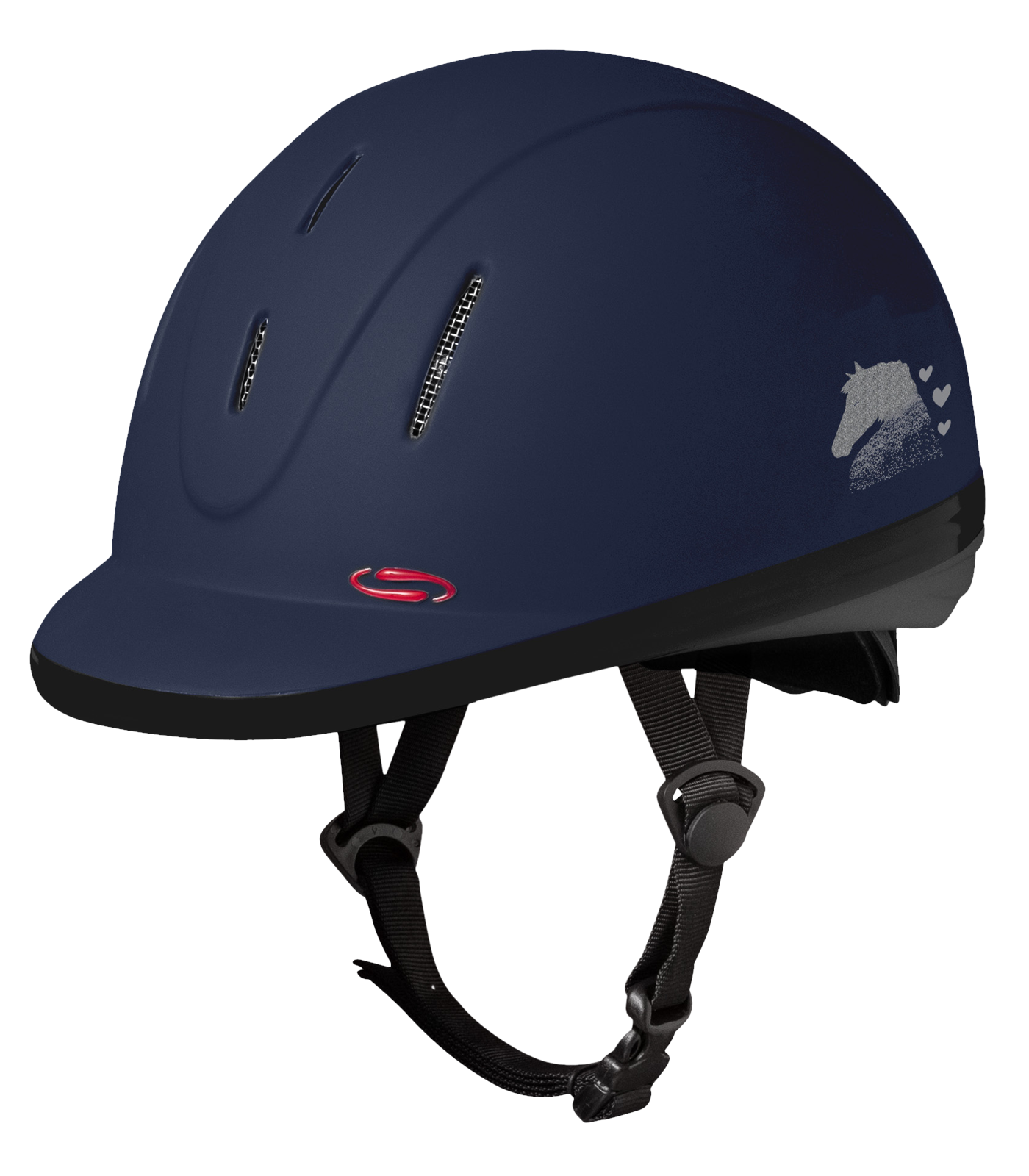 A navy blue equestrian helmet with a adjustable strap, ventilation holes, and a small logo on the side.