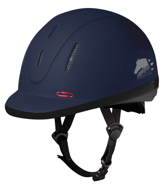A navy blue equestrian helmet with a adjustable strap, ventilation holes, and a small logo on the side.