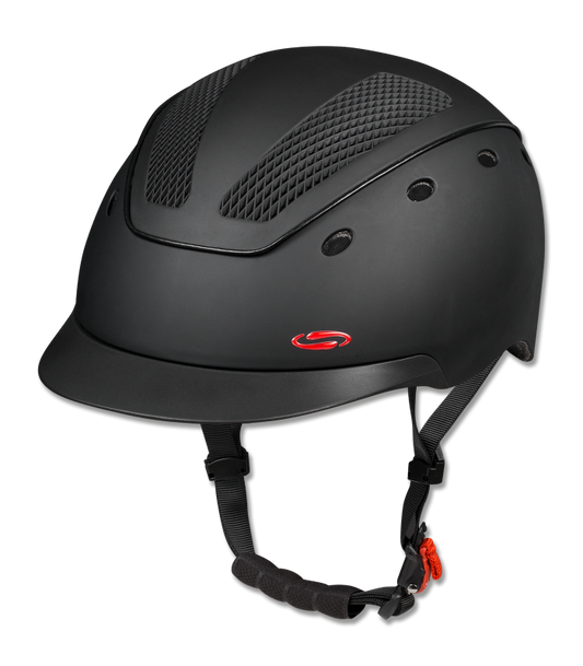 Black riding helmet with adjustable strap and ventilation holes, featuring the SWING logo.