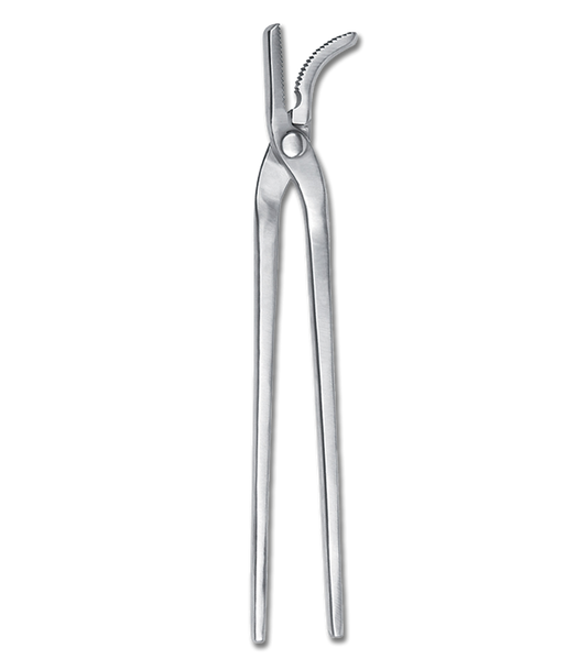 A stainless steel hoof riveting tong, with a sleek silver finish, designed for farrier work.