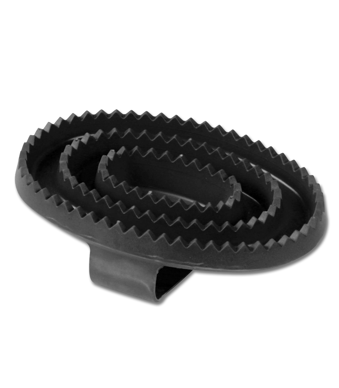 A black rubber curry comb with a textile hand loop, typically used for horse grooming.