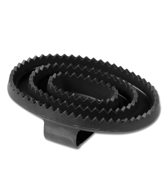 A black rubber curry comb with a textile hand loop, typically used for horse grooming.