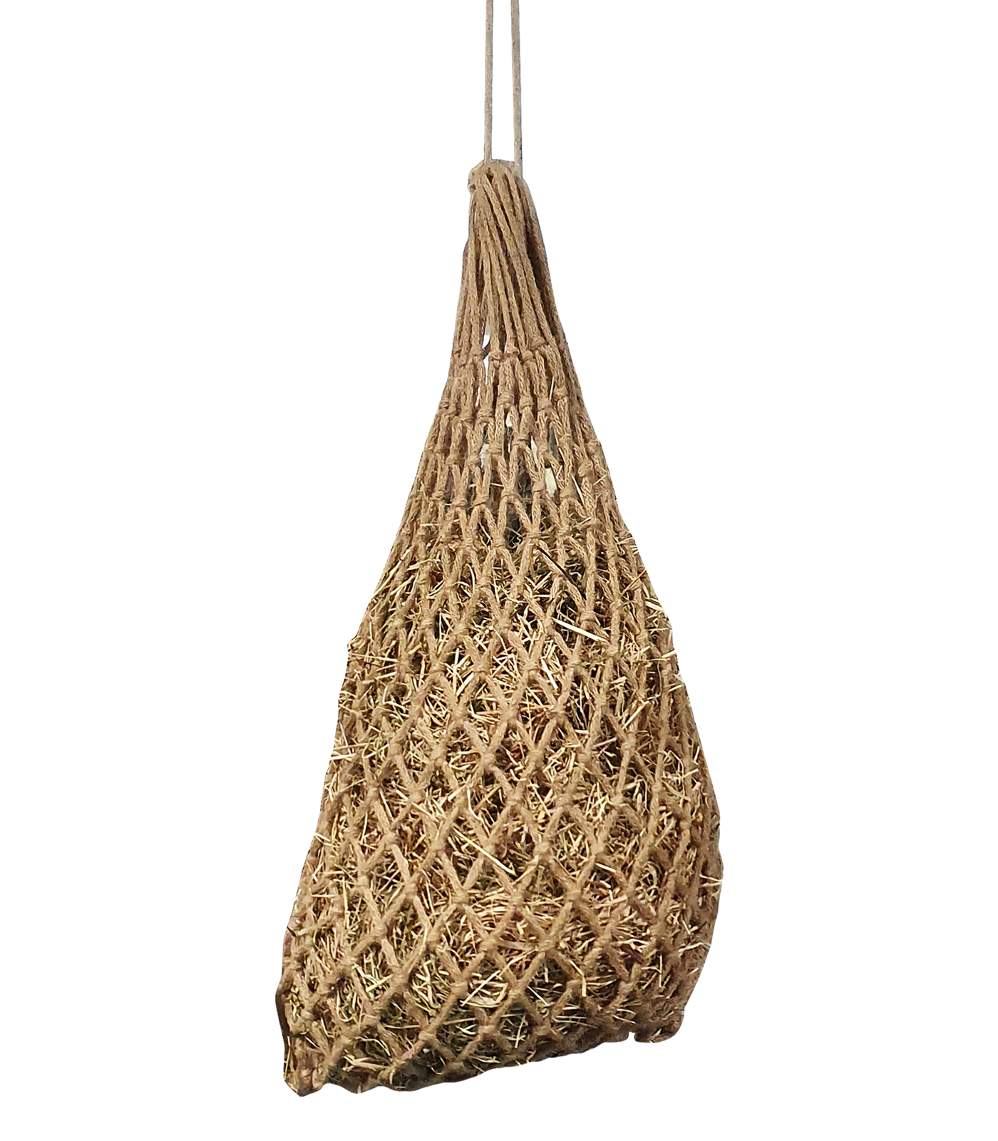 A jute haynet with a robust mesh designed for use in stable environments.
