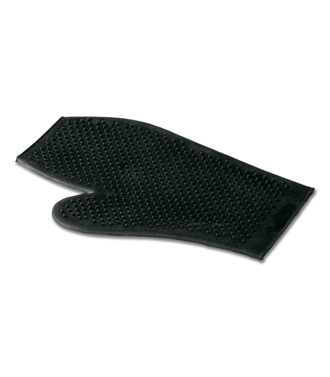 A black rubber grooming glove designed for petting and grooming horses, showing soft, small pins for gentle handling.