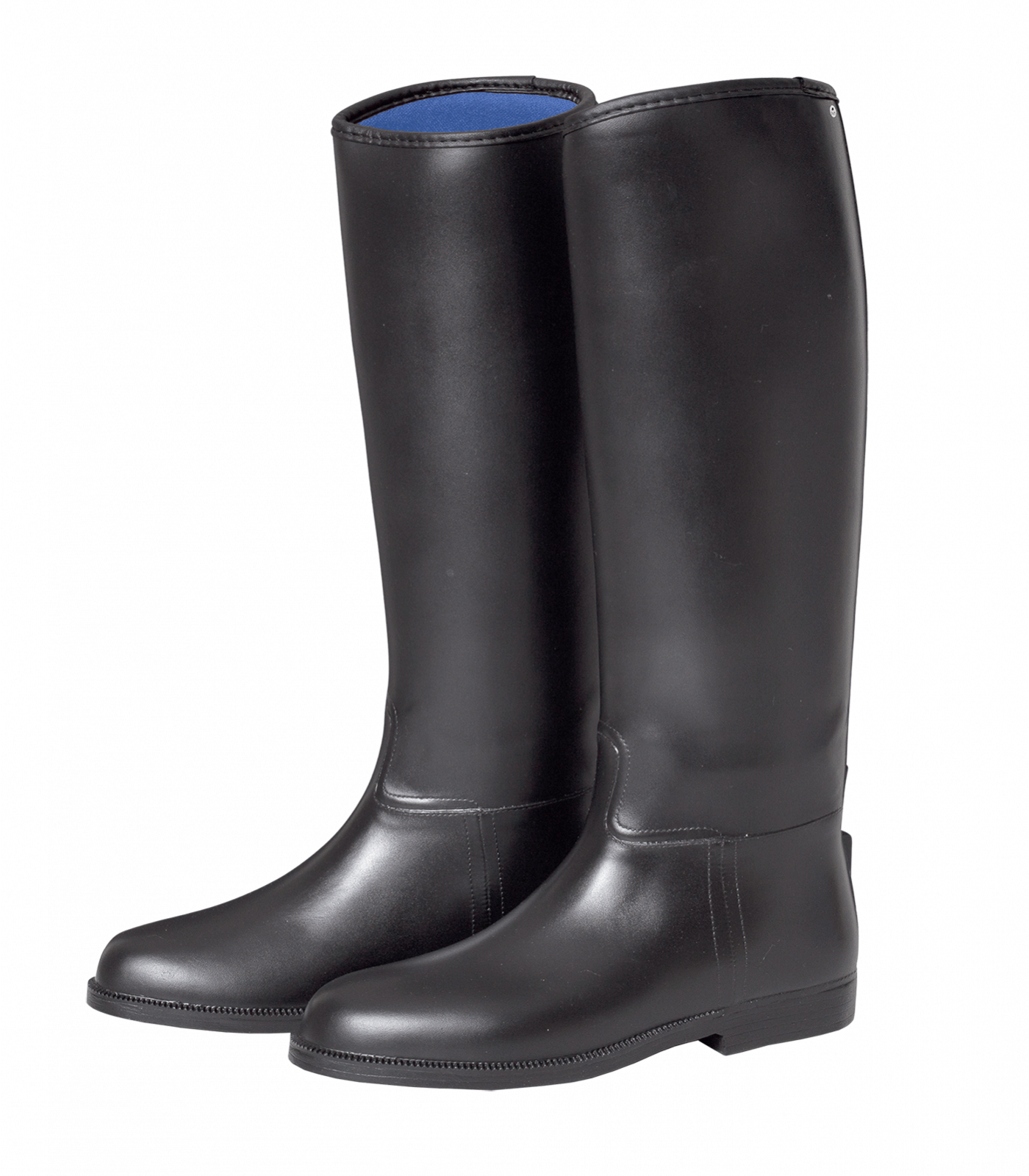 A pair of black riding boots with a blue lining visible at the top.