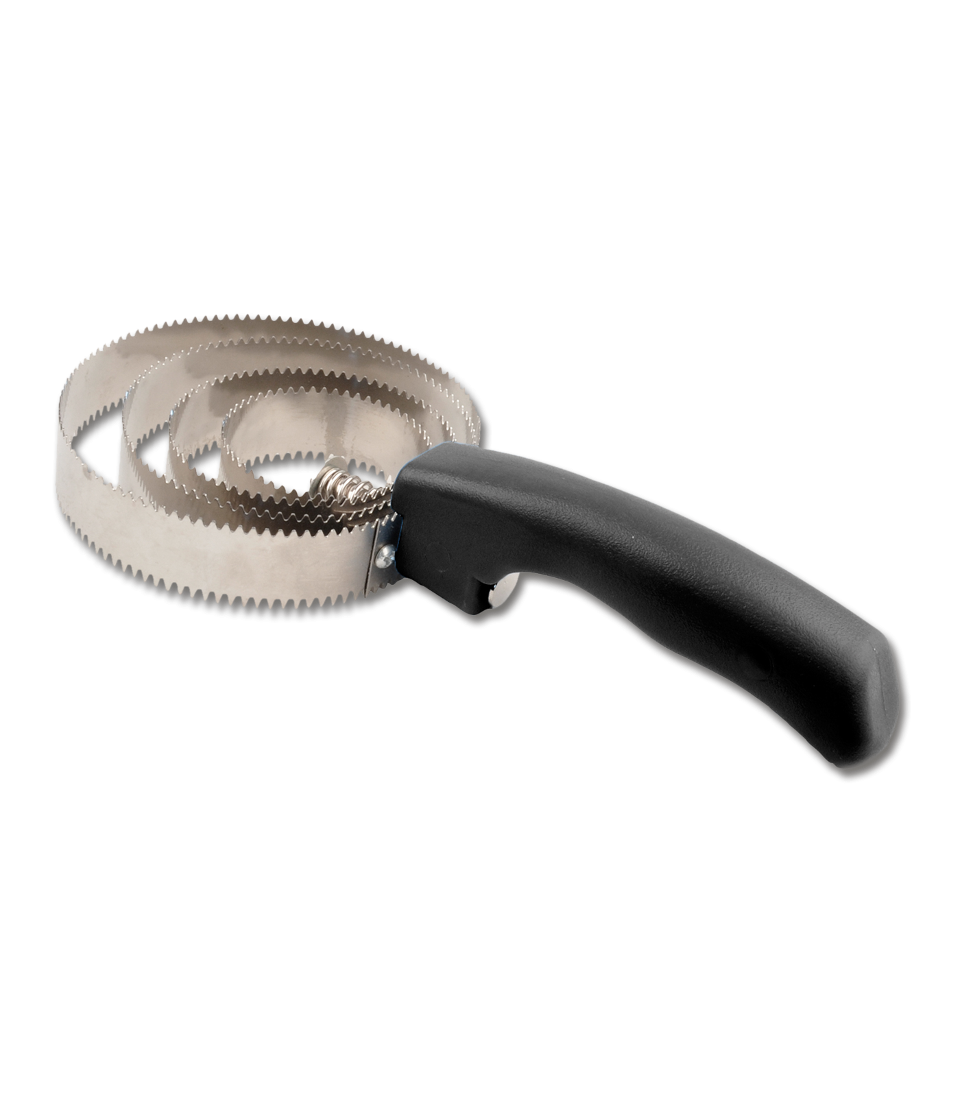 A reversible curry comb with a black plastic handle and four stainless steel rings of different sizes.