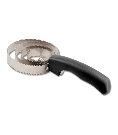 A reversible curry comb with a black plastic handle and four stainless steel rings of different sizes.