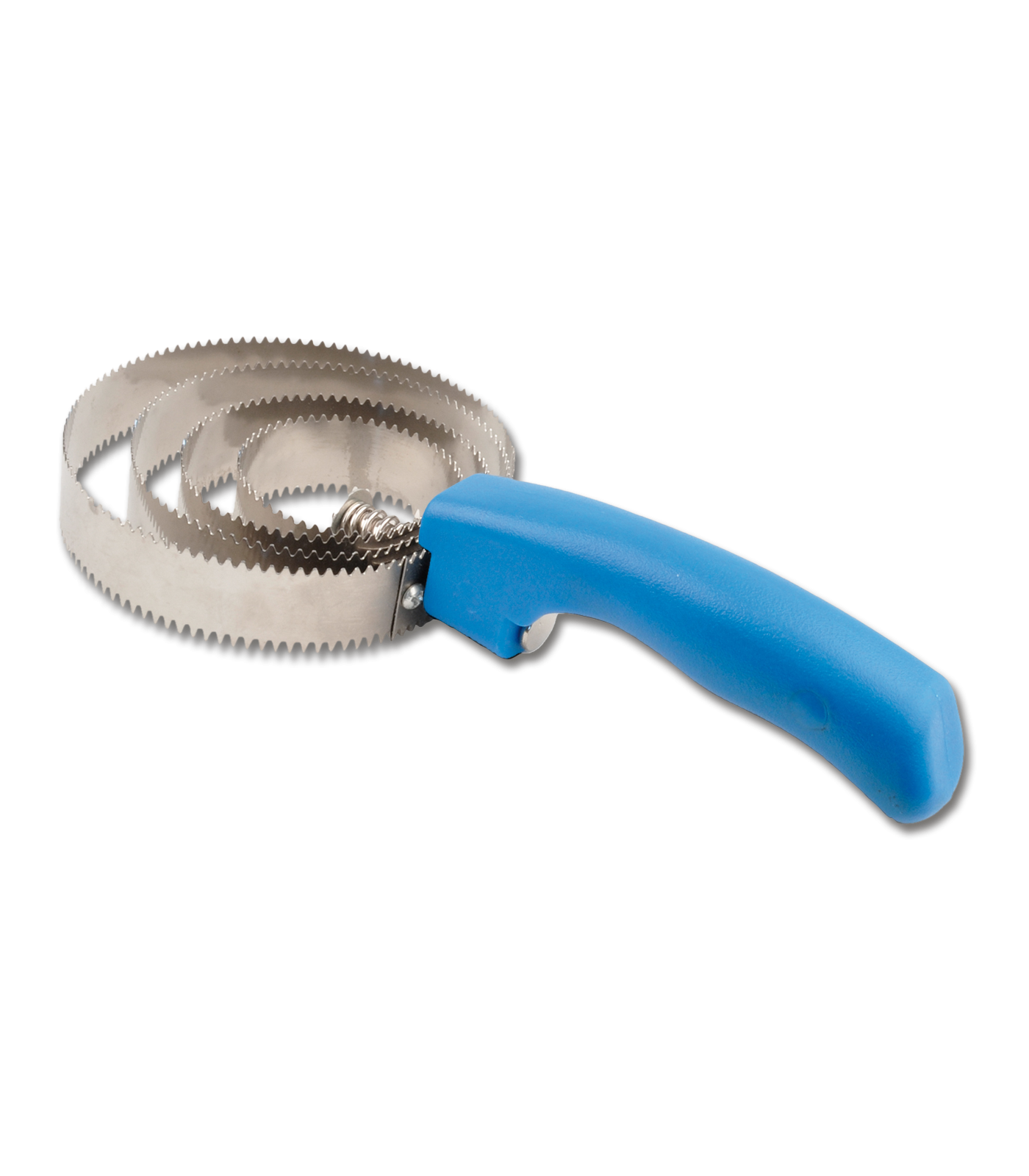 A reversible curry comb with a blue plastic handle and four stainless steel rings of different sizes.