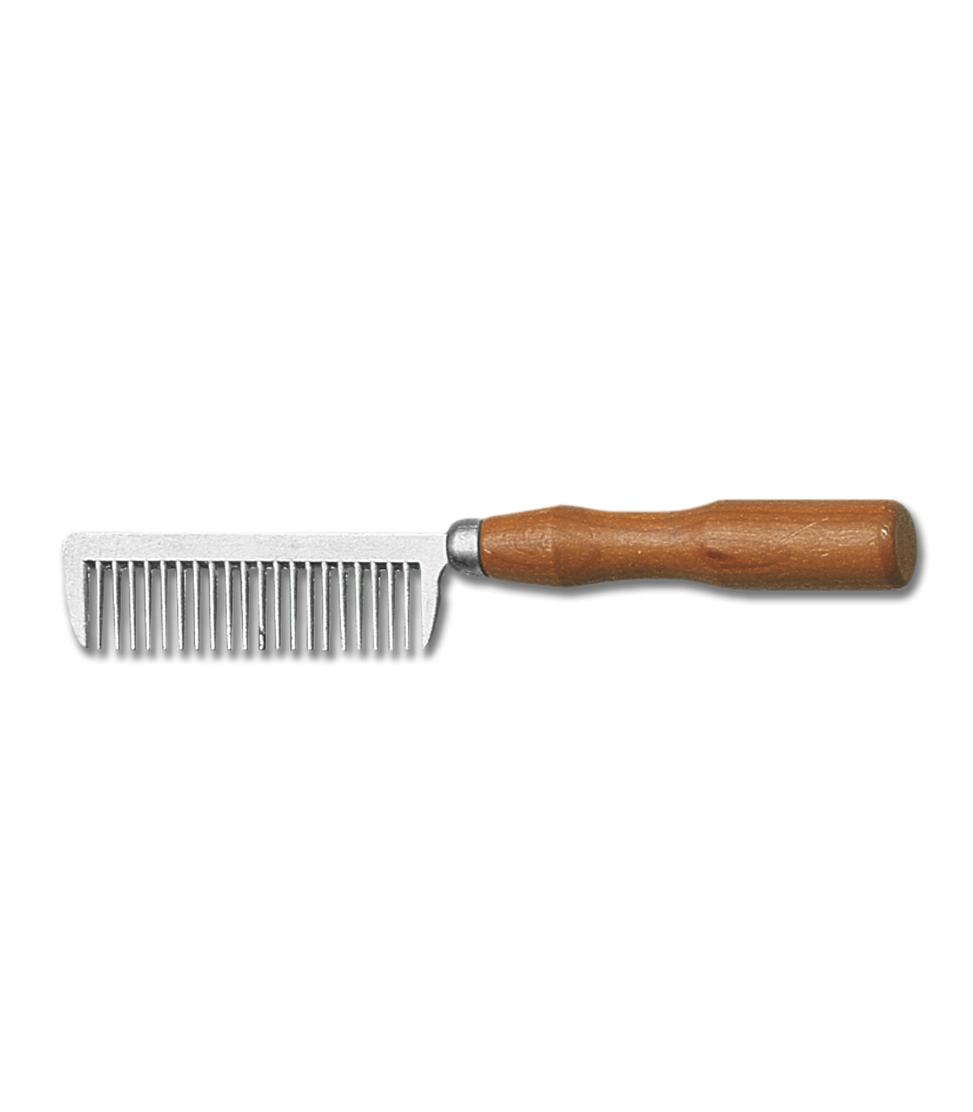 A mane comb with a wooden handle and metal teeth, typically used for grooming horses.