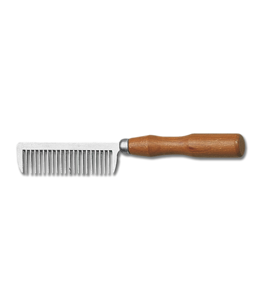 A mane comb with a wooden handle and metal teeth, typically used for grooming horses.