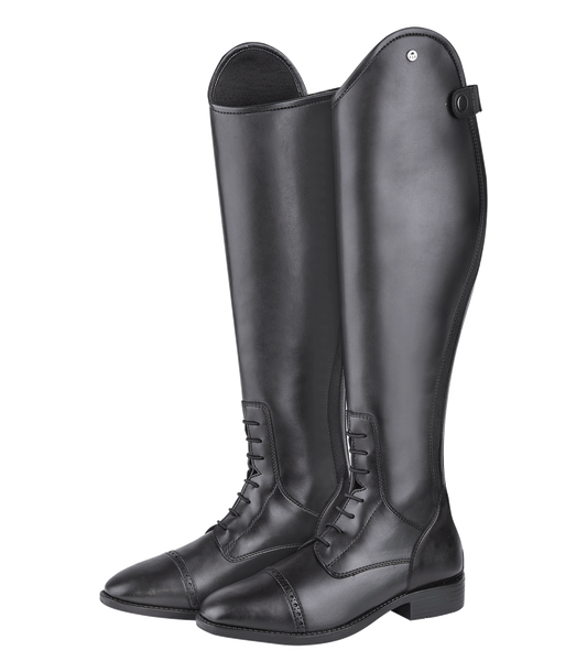A pair of black riding boots with a smooth leather look, featuring a lace-up front, a rider's heel, and reinforced areas on the boot.