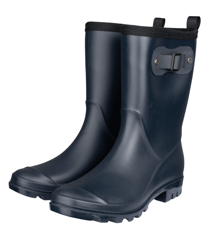 A black rubber boot with a non-slip sole and a decorative band at the front.

