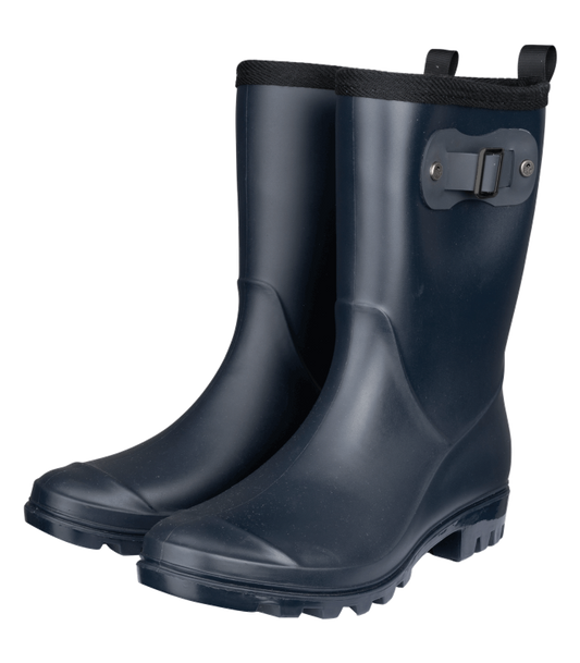 A black rubber boot with a non-slip sole and a decorative band at the front.
