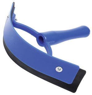 Blue and black tool with curved design on a white background Zilco Sweat scraper.
Available with Nice equestrian Wukair Doha Qatar.