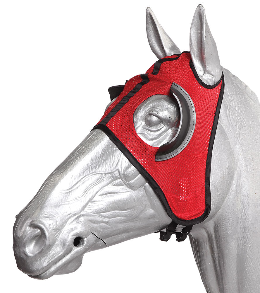 Red protective horse mask on a white background.
Zilco Blinkers.
A reliable product from Zilco Australia.
Available at Nice equestrian Wukair. Doha. Qatar.