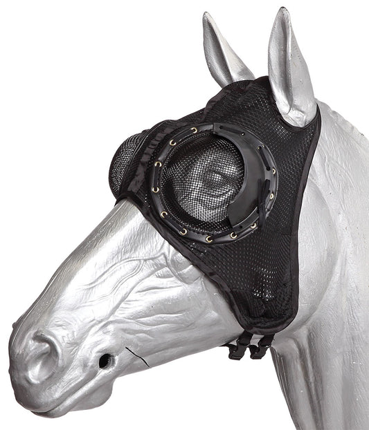 Horse head with a black fly mask on a white background.
A reliable product from Zilco Australia.
Available at Nice equestrian Wukair. Doha. Qatar.