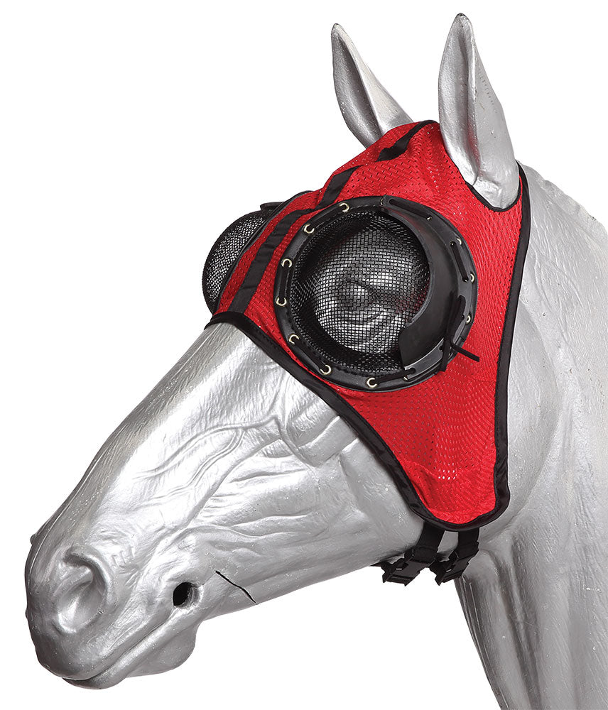 Red fly mask on a horse's head with a white background.
A reliable product from Zilco Australia.
Available at Nice equestrian Wukair. Doha. Qatar.