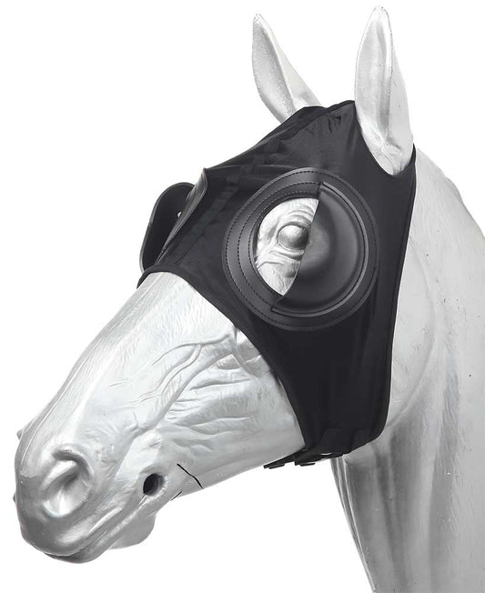 Horse wearing a black fly mask on a white background.
Zilco Blinkers.
A reliable product from Zilco Australia.
Available at Nice equestrian Wukair. Doha. Qatar.
