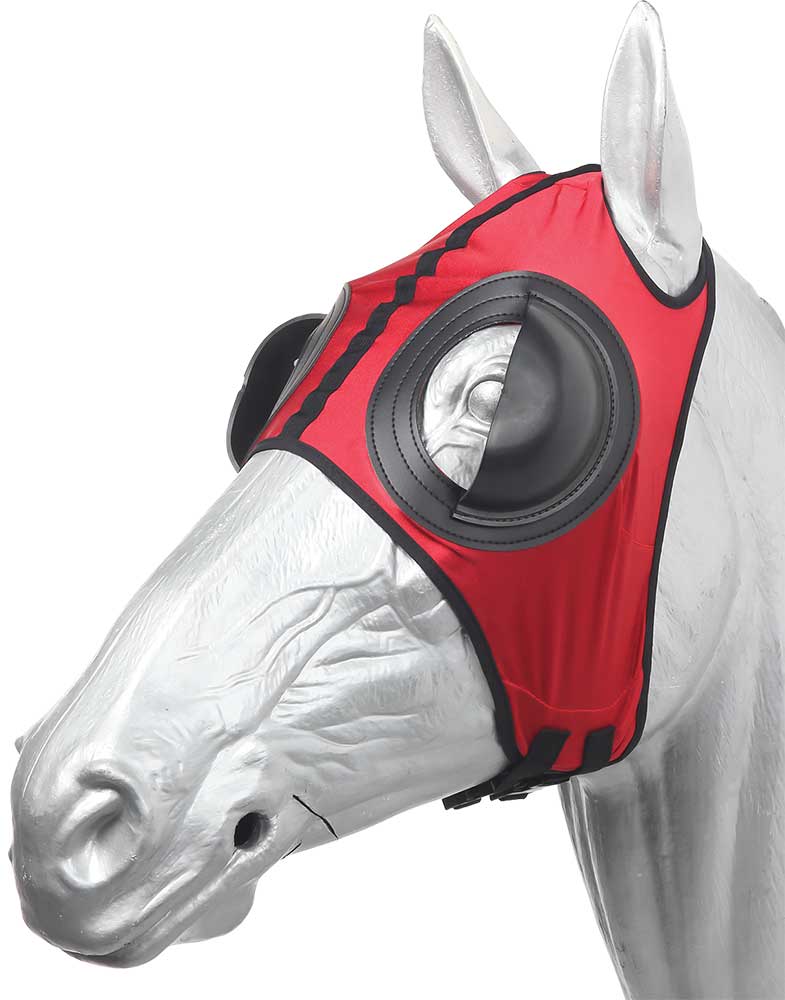 Horse wearing a red and black protective mask on a white background.
Zilco Blinkers.
A reliable product from Zilco Australia.
Available at Nice equestrian Wukair. Doha. Qatar.