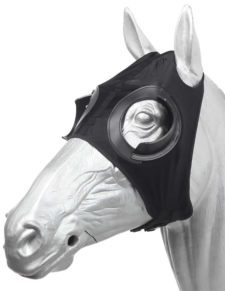 Horse wearing a black fly mask with eye holes on a white background.
Zilco Blinkers.
A reliable product from Zilco Australia.
Available at Nice equestrian Wukair. Doha. Qatar.