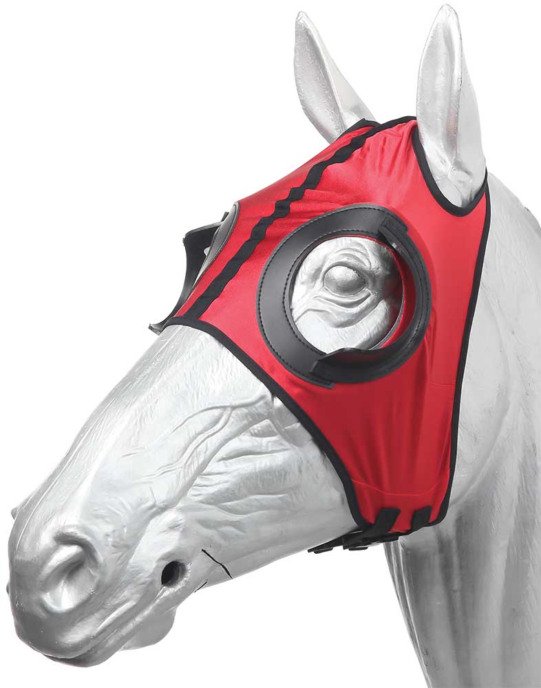 Horse wearing a red fly mask on a white background.
Zilco Blinkers.
A reliable product from Zilco Australia.
Available at Nice equestrian Wukair. Doha. Qatar.